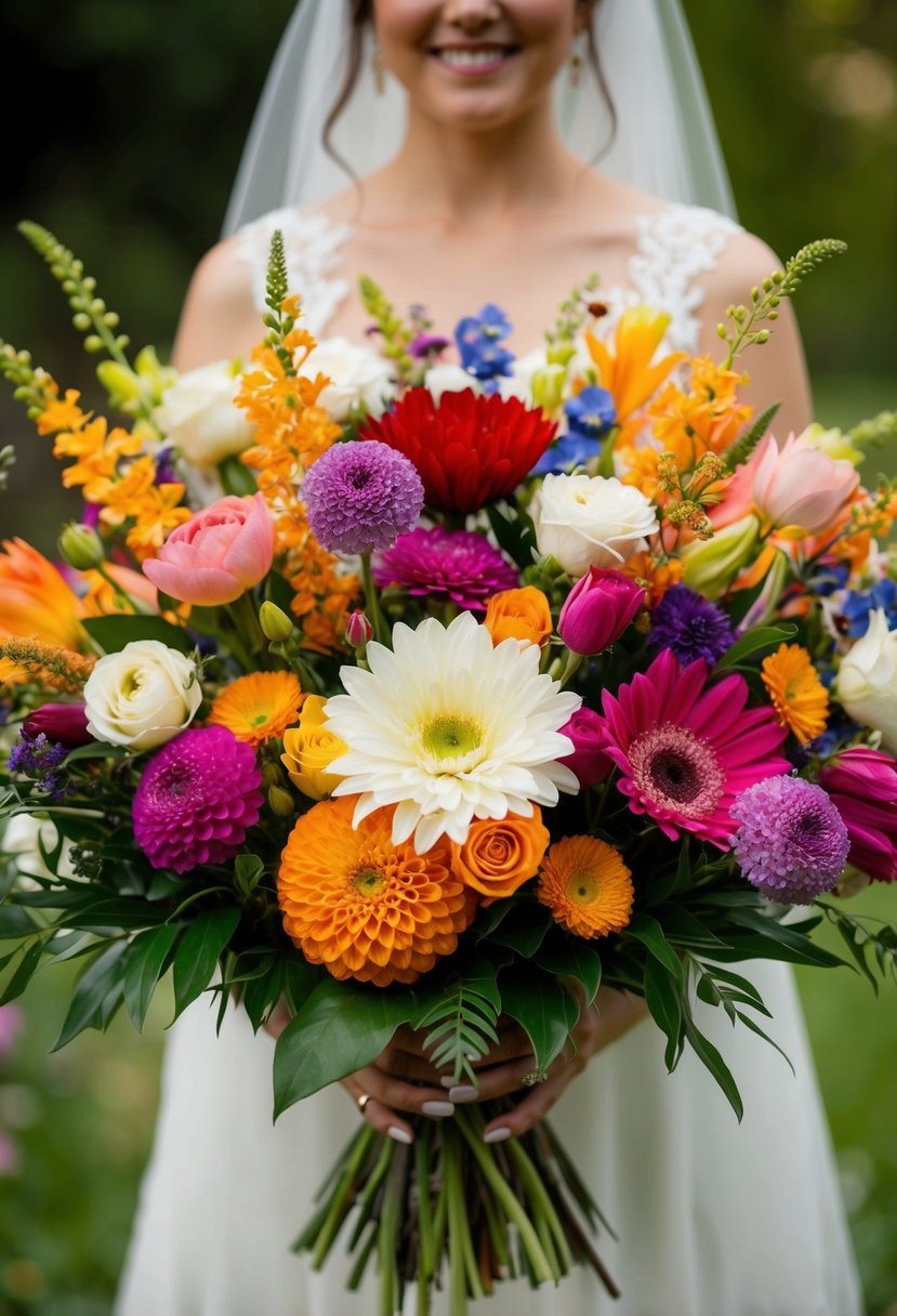 A variety of colorful flowers arranged in a beautiful wedding bouquet, symbolizing the blooming of souls in nature