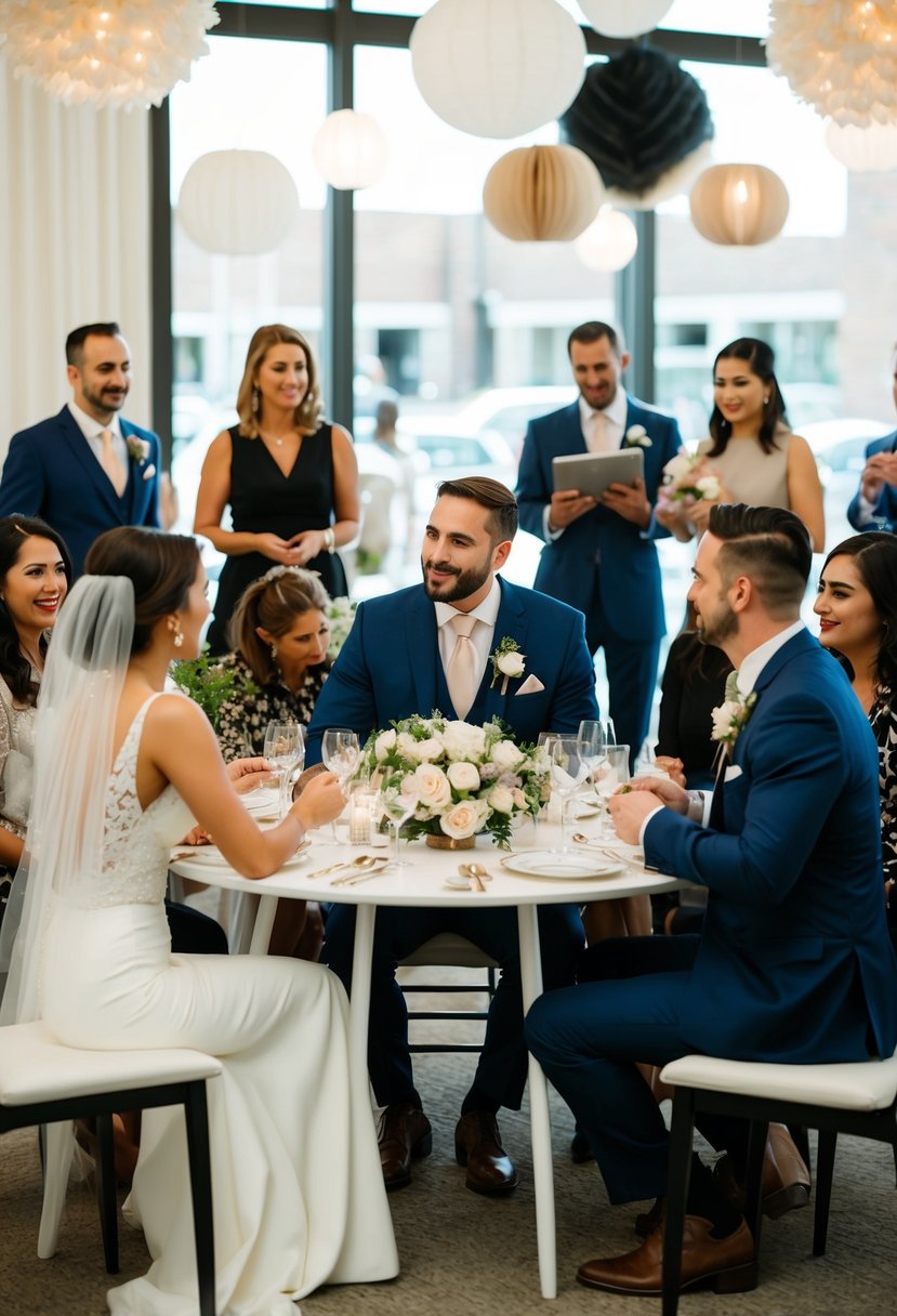 A bride and groom sit at a table surrounded by various vendors, discussing details and sharing their vision for their wedding day