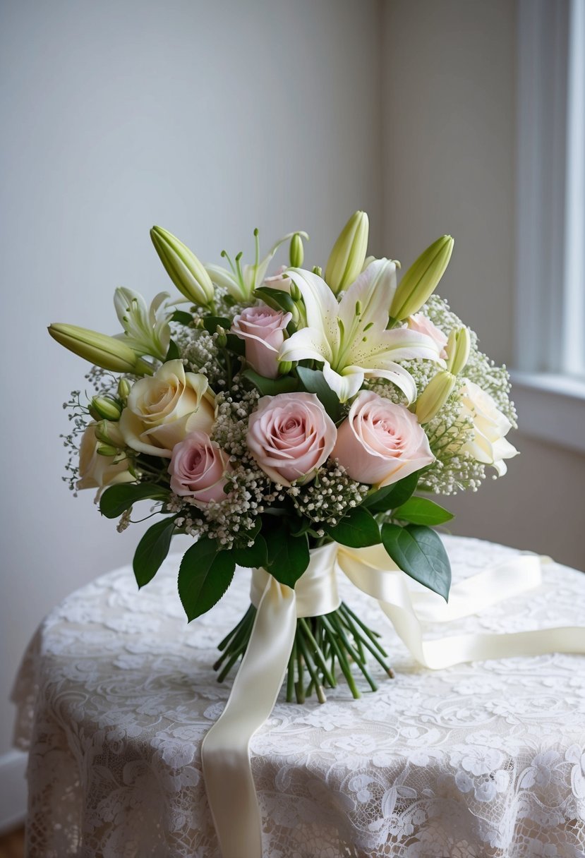 A delicate bouquet of roses, lilies, and baby's breath, bound with satin ribbon, rests on a lace-covered table