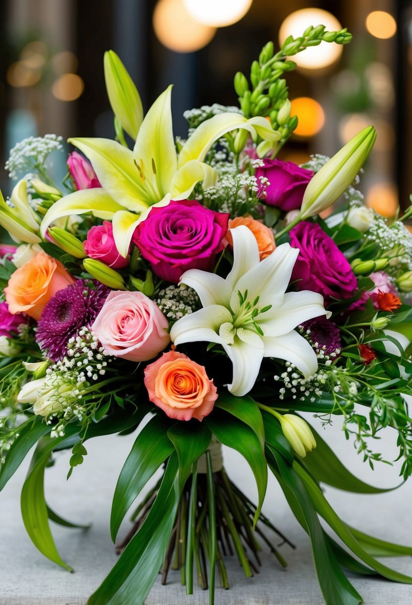 A vibrant bouquet of assorted flowers, including roses, lilies, and baby's breath, arranged in a cascading style with flowing greenery