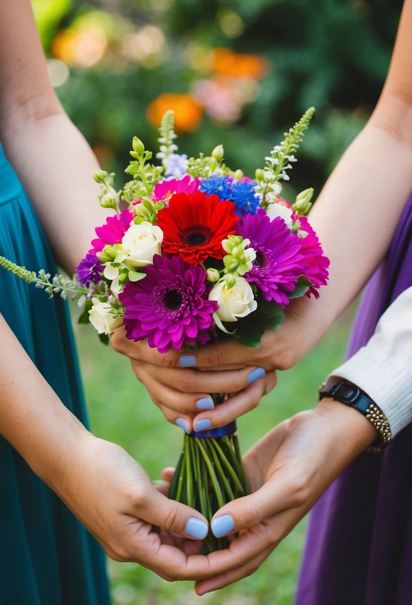 Two hands cradle a vibrant bouquet of flowers, symbolizing the bond of true friendship