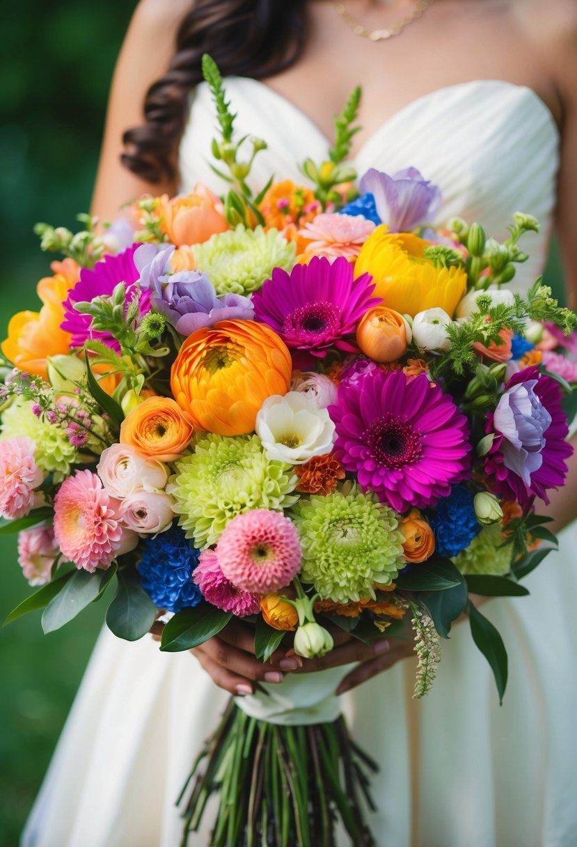 A colorful bouquet of flowers, overflowing with soft petals and vibrant blooms, symbolizing the joy and beauty of marriage