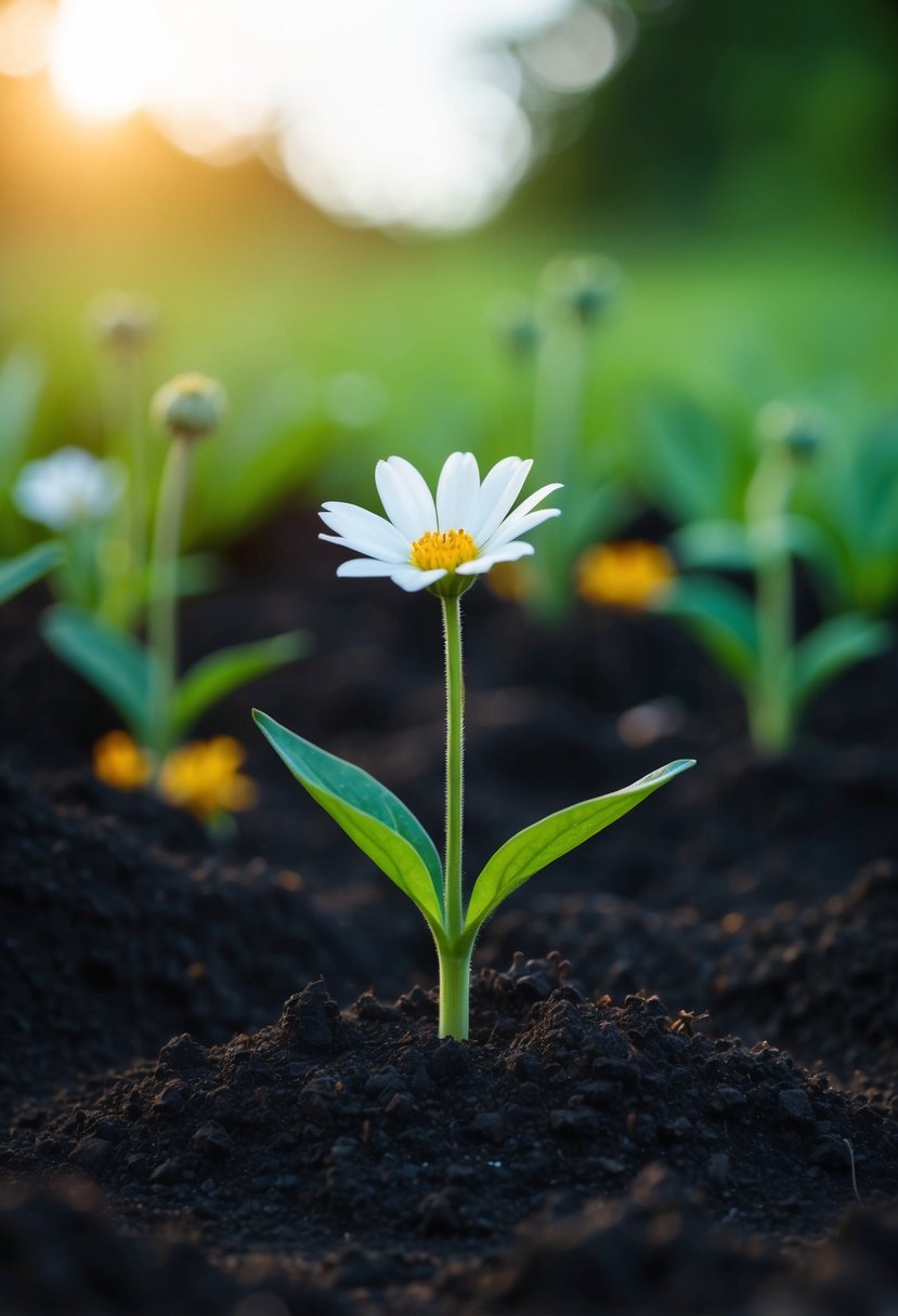 A single flower emerging from dark, rich soil, reaching towards the light