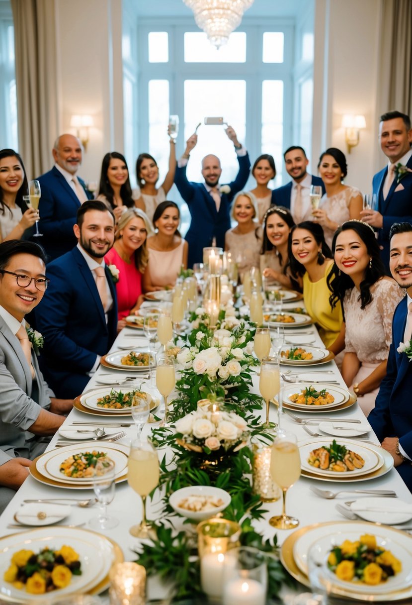 A beautifully decorated table with an array of elegant dishes and drinks, surrounded by happy guests celebrating a wedding