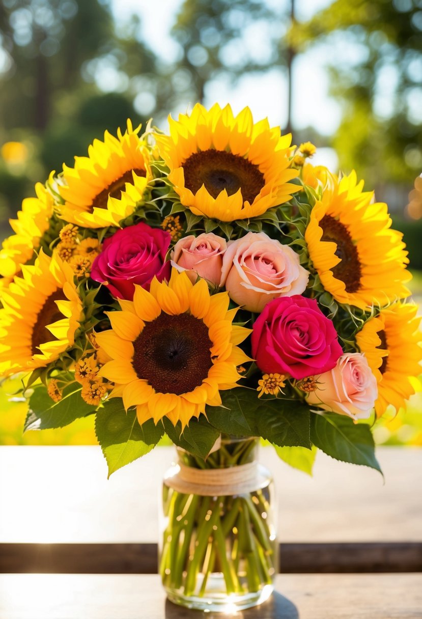 A vibrant bouquet of sunflowers and roses, bathed in warm sunlight