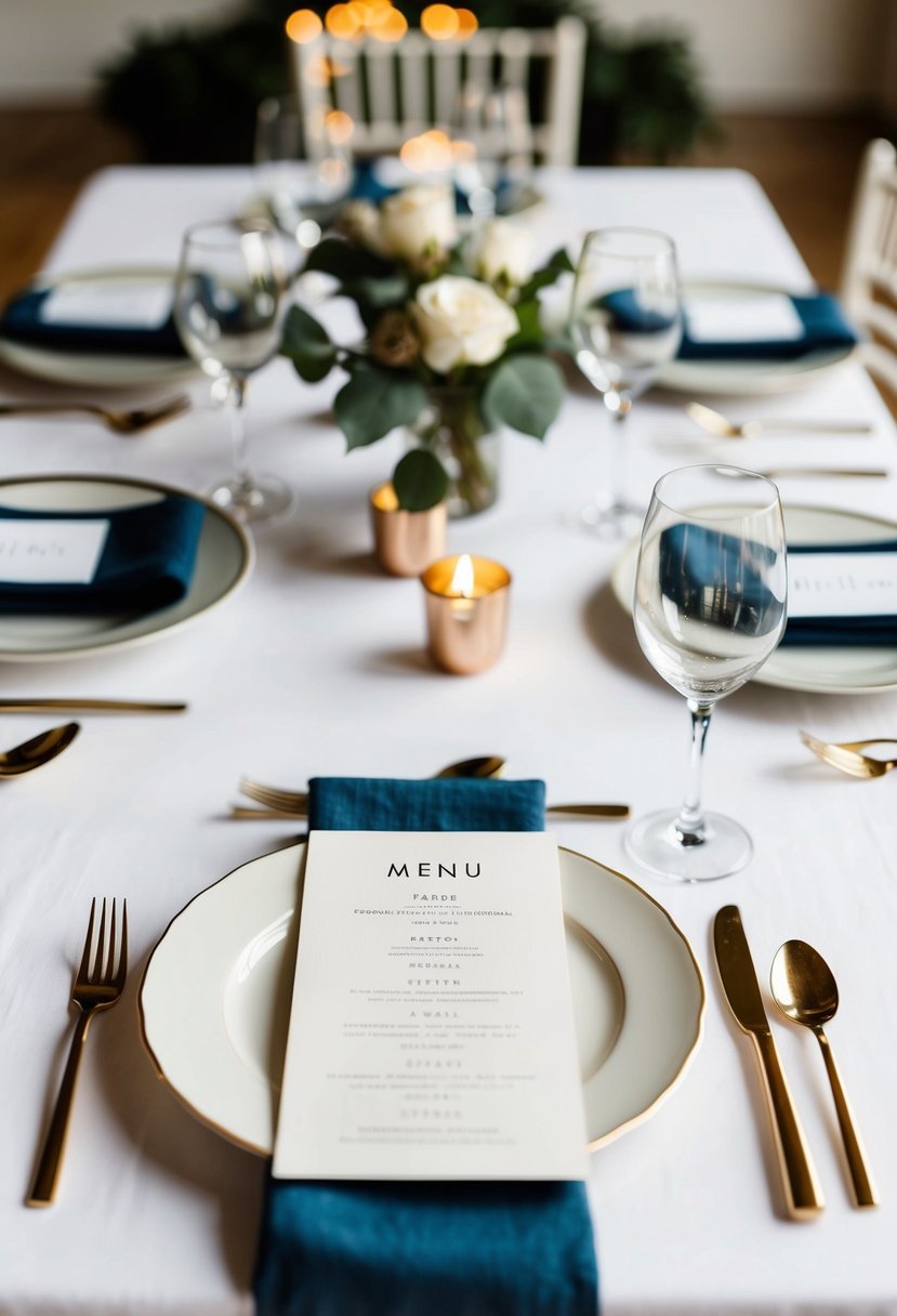 A table set with elegant place settings, featuring a personalized menu card and simple, beautifully presented dishes