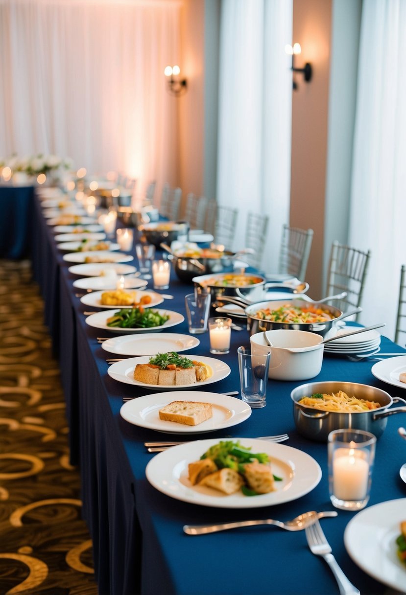 A long table with various dishes and utensils, set up for self-service at a wedding reception