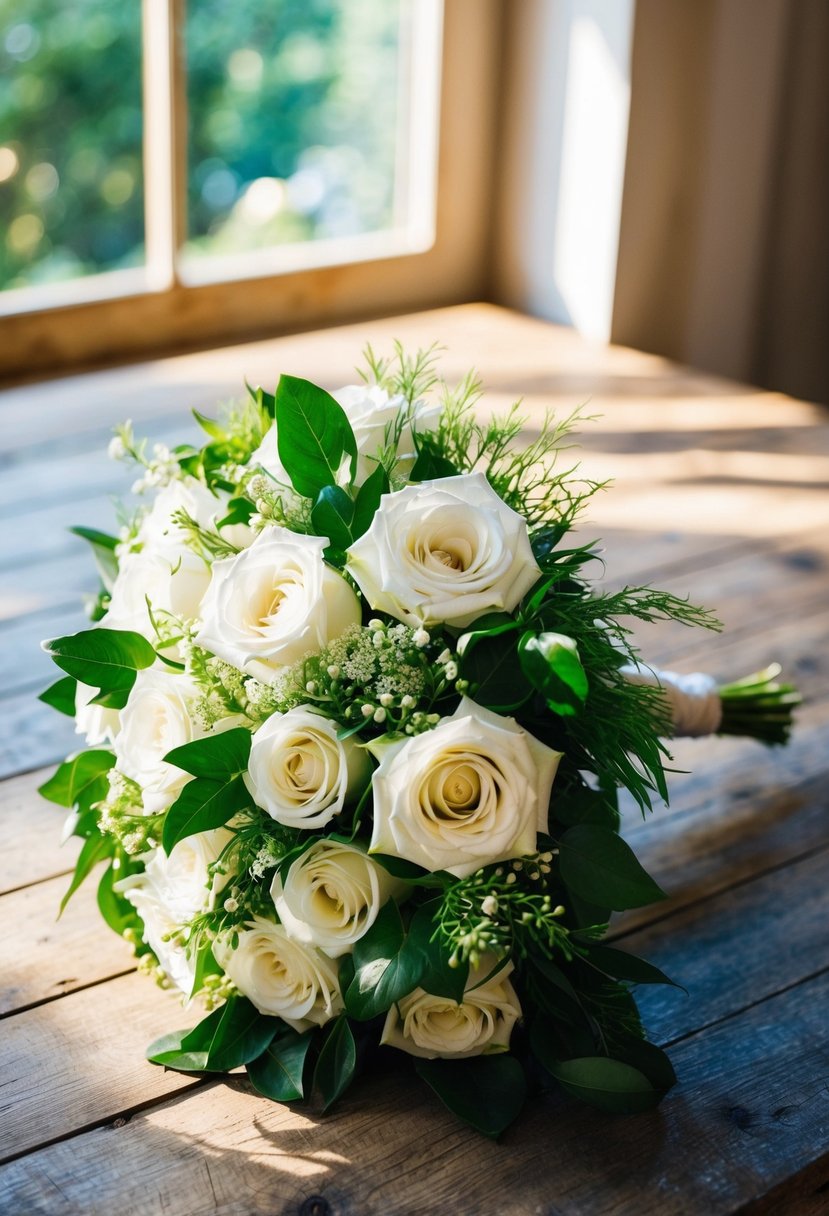 A bride's bouquet of white roses and greenery rests on a rustic wooden table. Sunshine streams through a nearby window, casting a warm glow on the delicate flowers