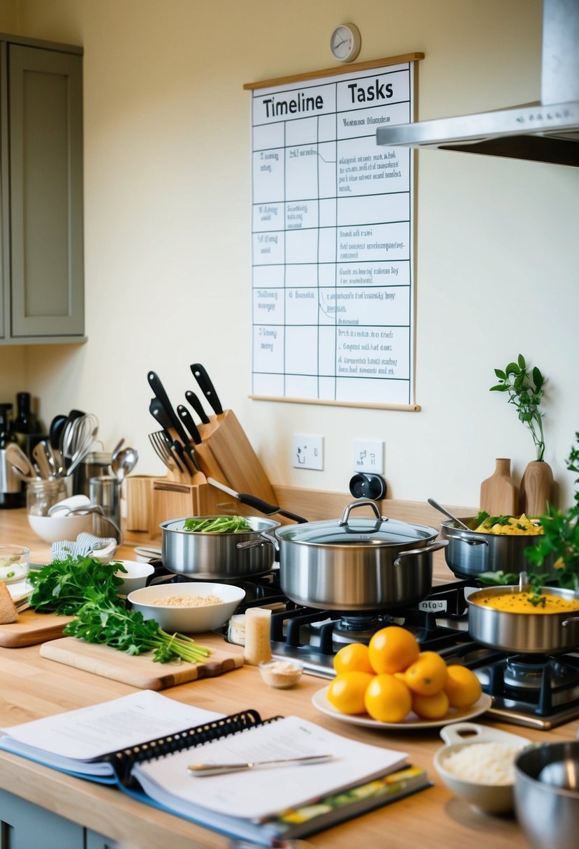 A kitchen counter with neatly arranged cooking utensils, recipe books, and fresh ingredients. A timeline chart on the wall outlines tasks for wedding catering