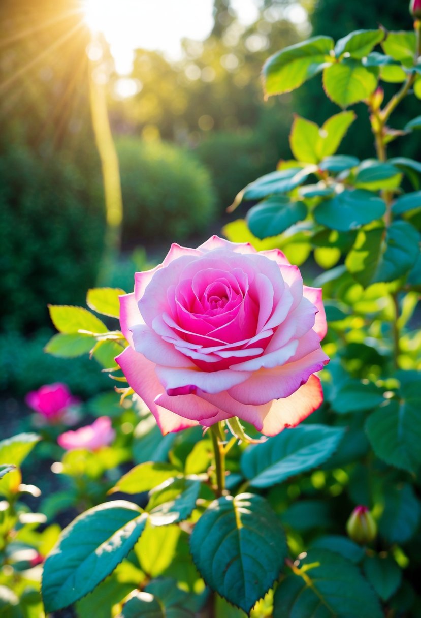 A vibrant rose blooms in a garden, surrounded by lush greenery and bathed in warm sunlight