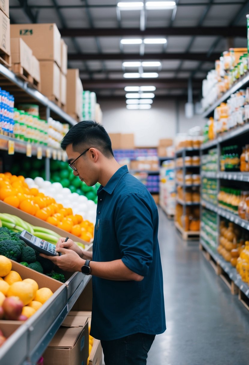 A person browsing through a variety of wholesale food and drink options at a warehouse store, with a calculator and notepad in hand