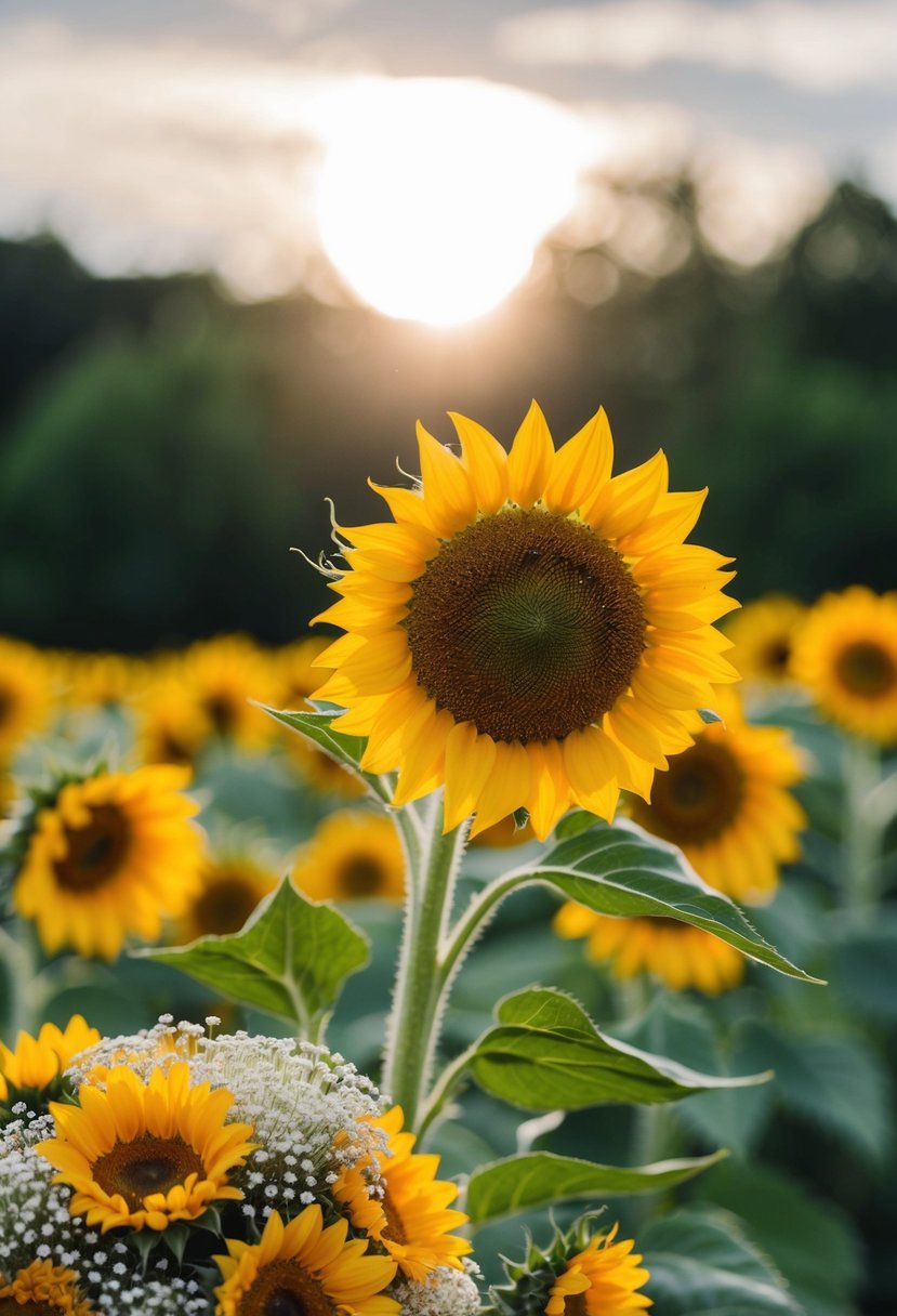 A single sunflower tilting its head towards the obscured sun, surrounded by a cluster of smaller flowers in a wedding bouquet