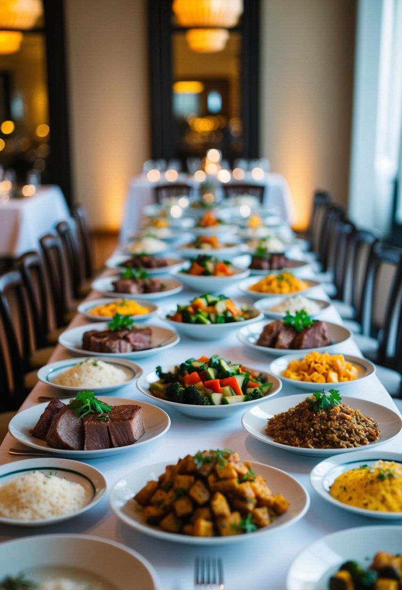 A banquet table with an equal mix of meat and vegetarian dishes, arranged in an aesthetically pleasing manner