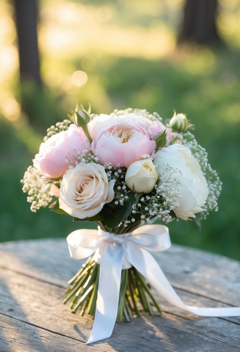 A delicate bouquet of roses, peonies, and baby's breath, wrapped in satin ribbon, sits on a rustic wooden table, bathed in soft, golden sunlight