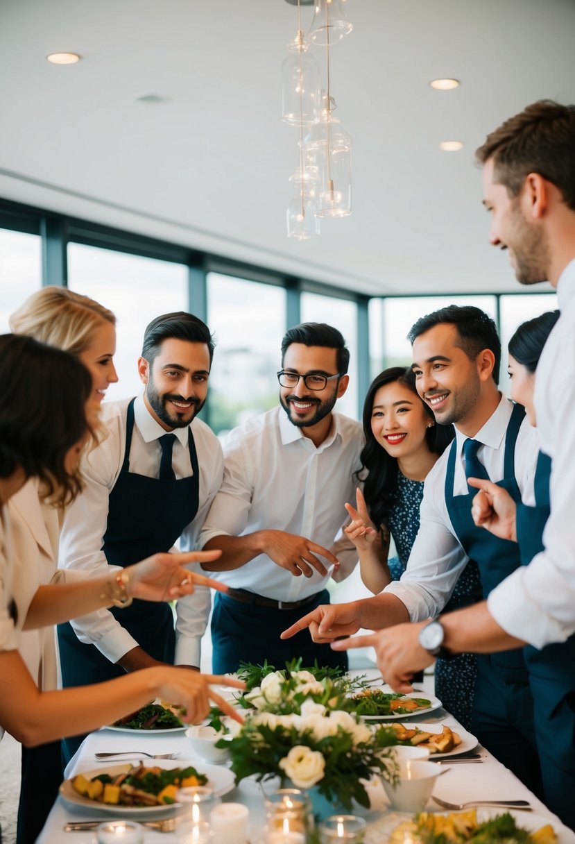 A group of people gathered around a table, sharing ideas and suggestions for catering a wedding. They are engaged in lively conversation, gesturing and pointing to different options