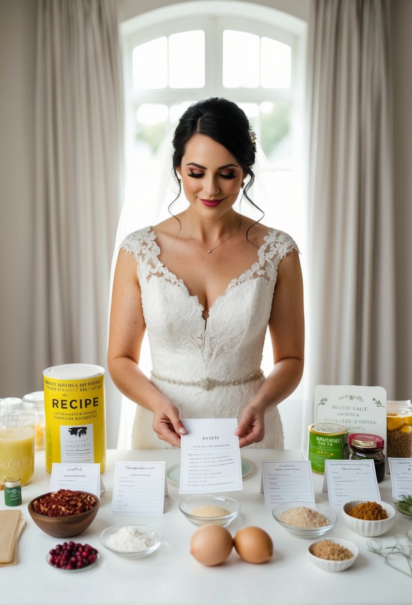 A bride surrounded by simple, organized recipe cards and ingredients, with a serene expression as she prepares for her wedding