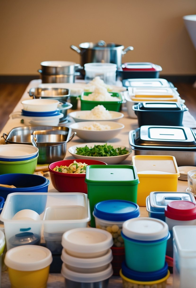 A table filled with neatly organized cooking supplies and storage containers, ready for a wedding catering preparation