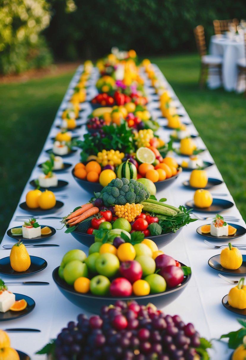 A colorful array of fresh fruits and vegetables arranged on a table for a wedding catered by the couple