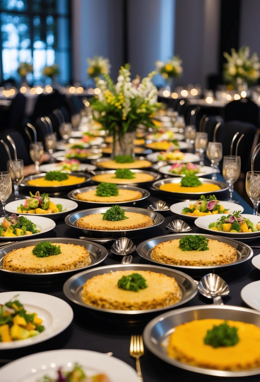 A table filled with neatly arranged platters of pre-made dishes, surrounded by elegant serving utensils and decorative garnishes