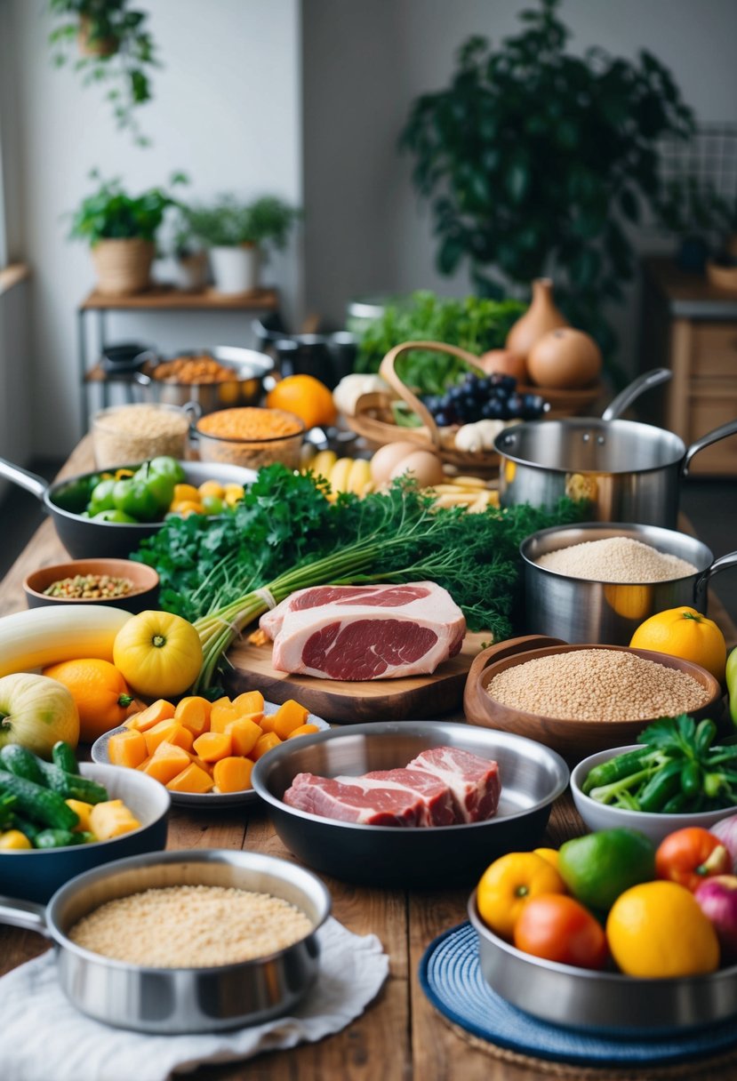 A table filled with fresh produce, grains, and affordable cuts of meat, surrounded by pots, pans, and utensils