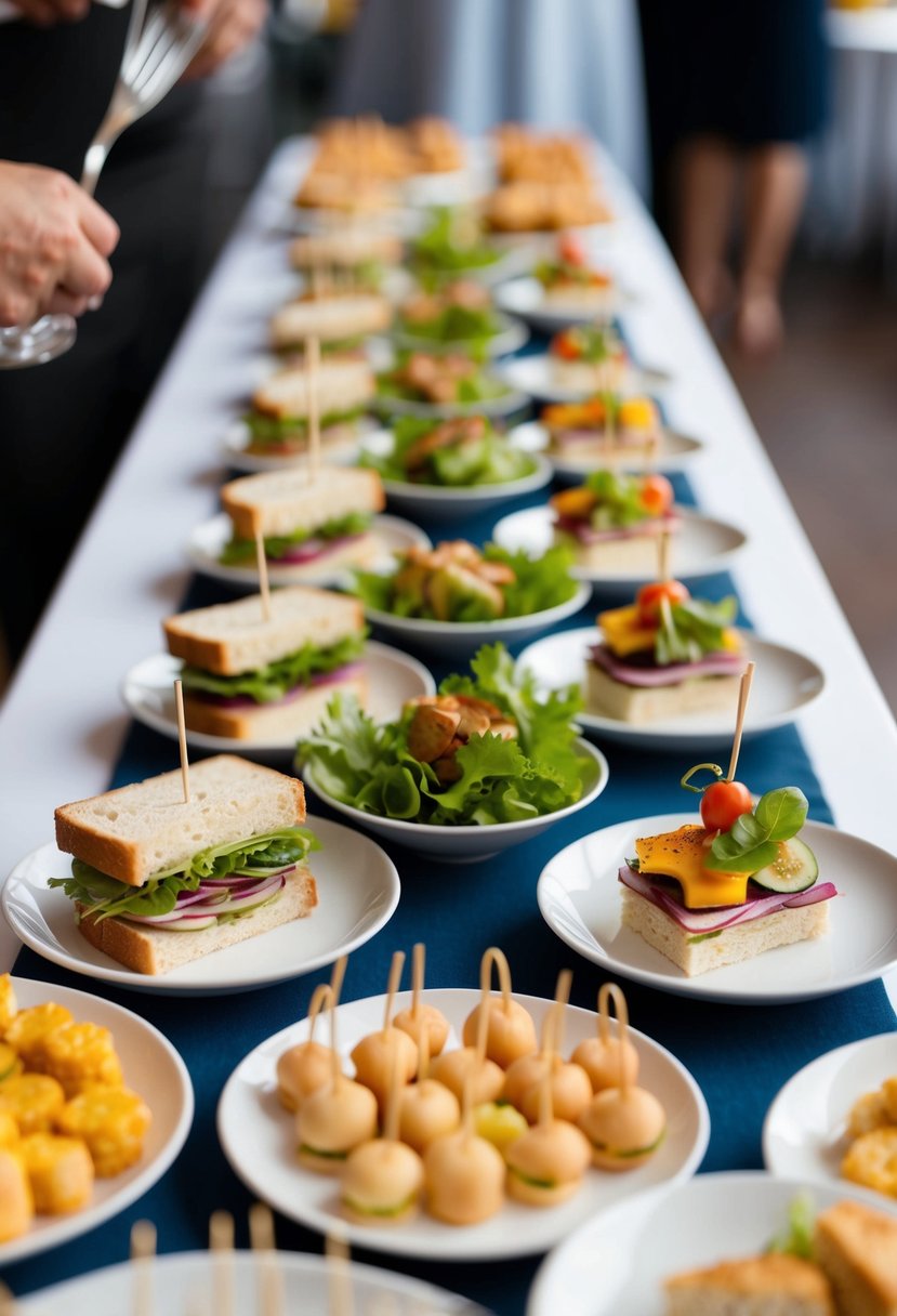 A table set with a variety of easily servable catering options, such as mini sandwiches, skewers, and bite-sized desserts