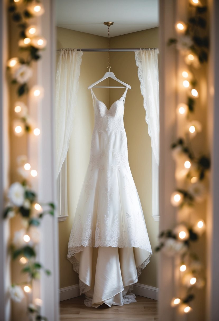 A beautiful wedding gown hanging on a vintage-style mannequin surrounded by soft, romantic lighting and delicate lace details