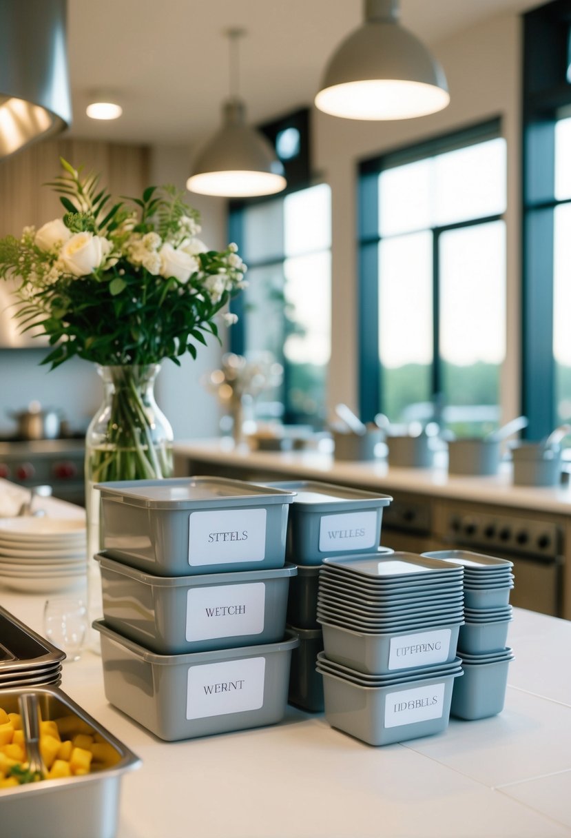 A well-organized kitchen with labeled containers, neatly stacked utensils, and a clear work area for efficient wedding catering