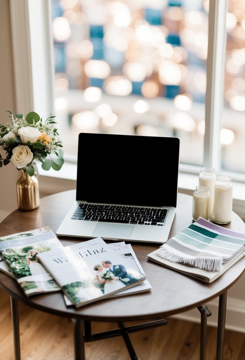 A table with a laptop, wedding magazines, and fabric swatches