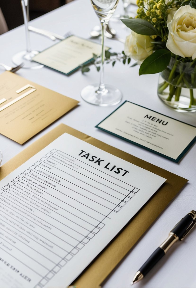 A table set with a neatly organized task list, alongside a wedding invitation and a menu, with a pen ready to check off items