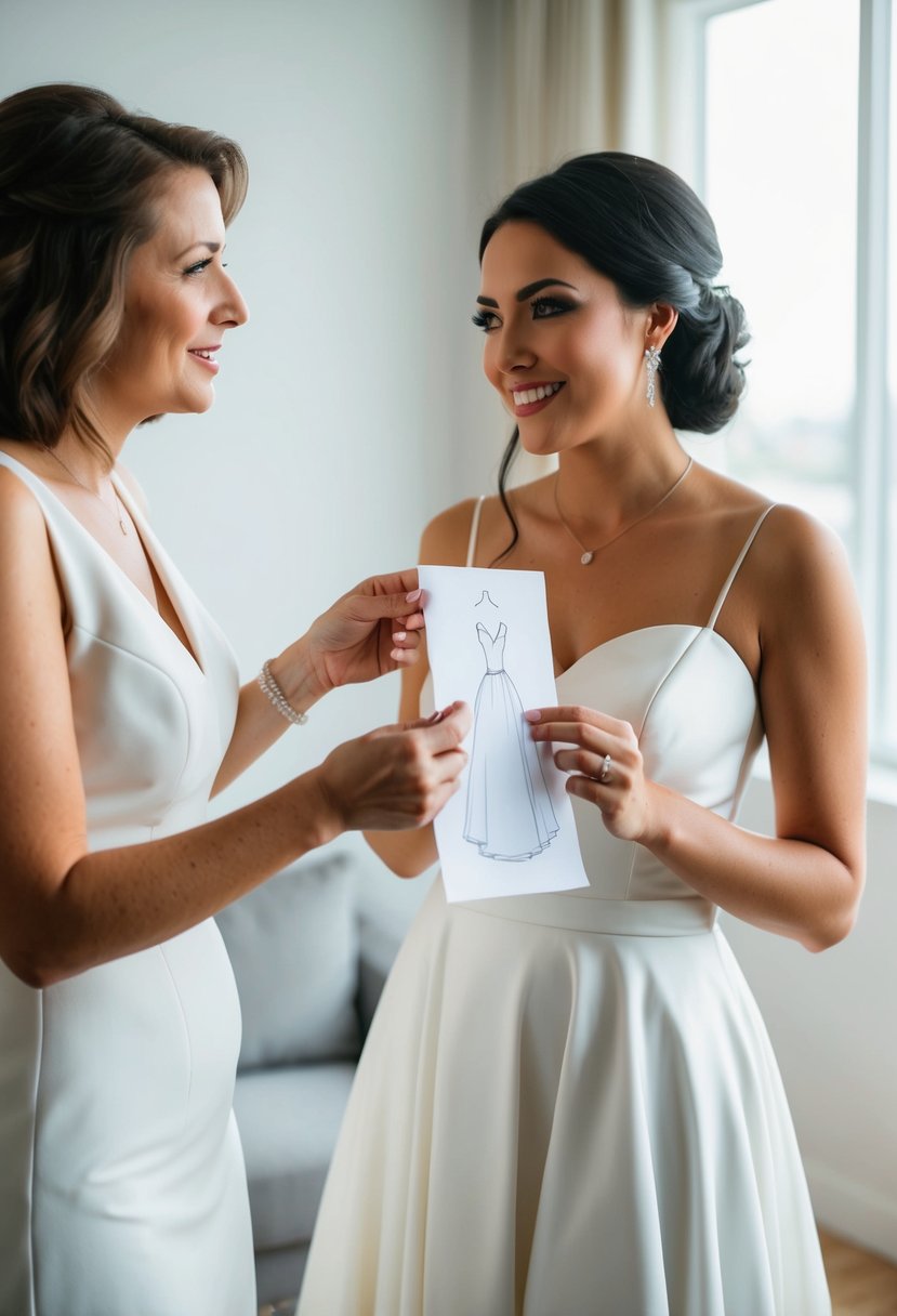 A bride and a trusted friend or family member are standing together, discussing wedding gown tips. The bride is holding a sketch or photo of a gown while her companion offers advice