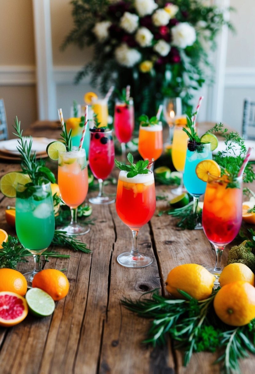 A rustic wooden table with an array of colorful cocktails and mocktails, surrounded by fresh fruits and herbs, set against a backdrop of elegant wedding decor