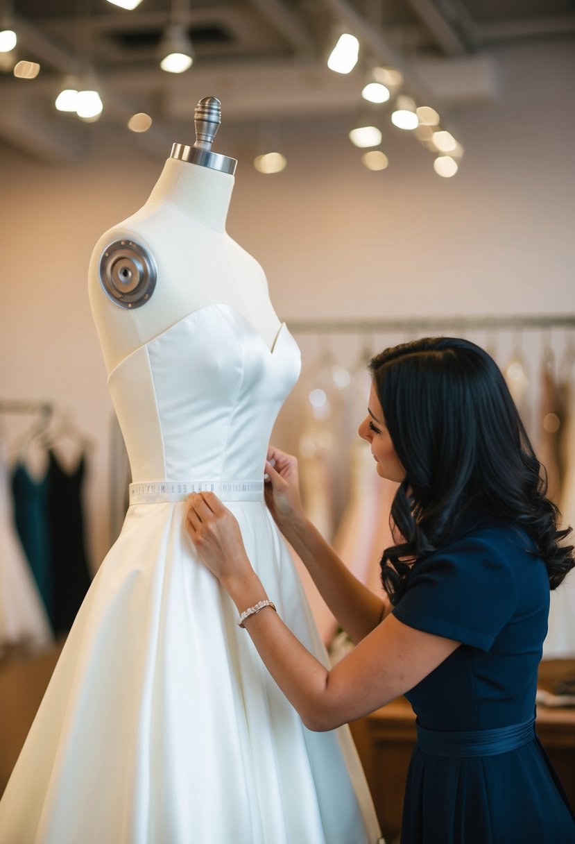 A seamstress measuring a wedding gown on a dress form