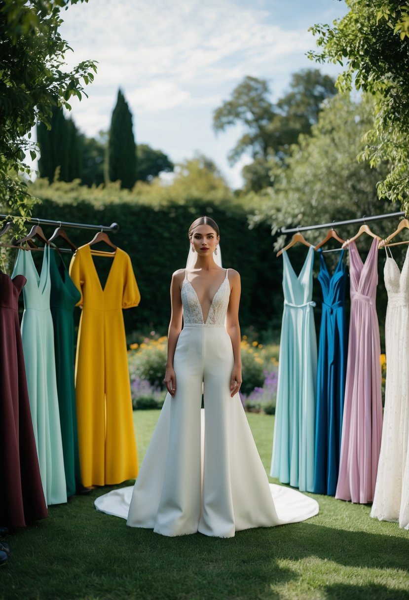 A bride stands in a garden, surrounded by non-traditional wedding gown options such as jumpsuits, colored dresses, and unique silhouettes