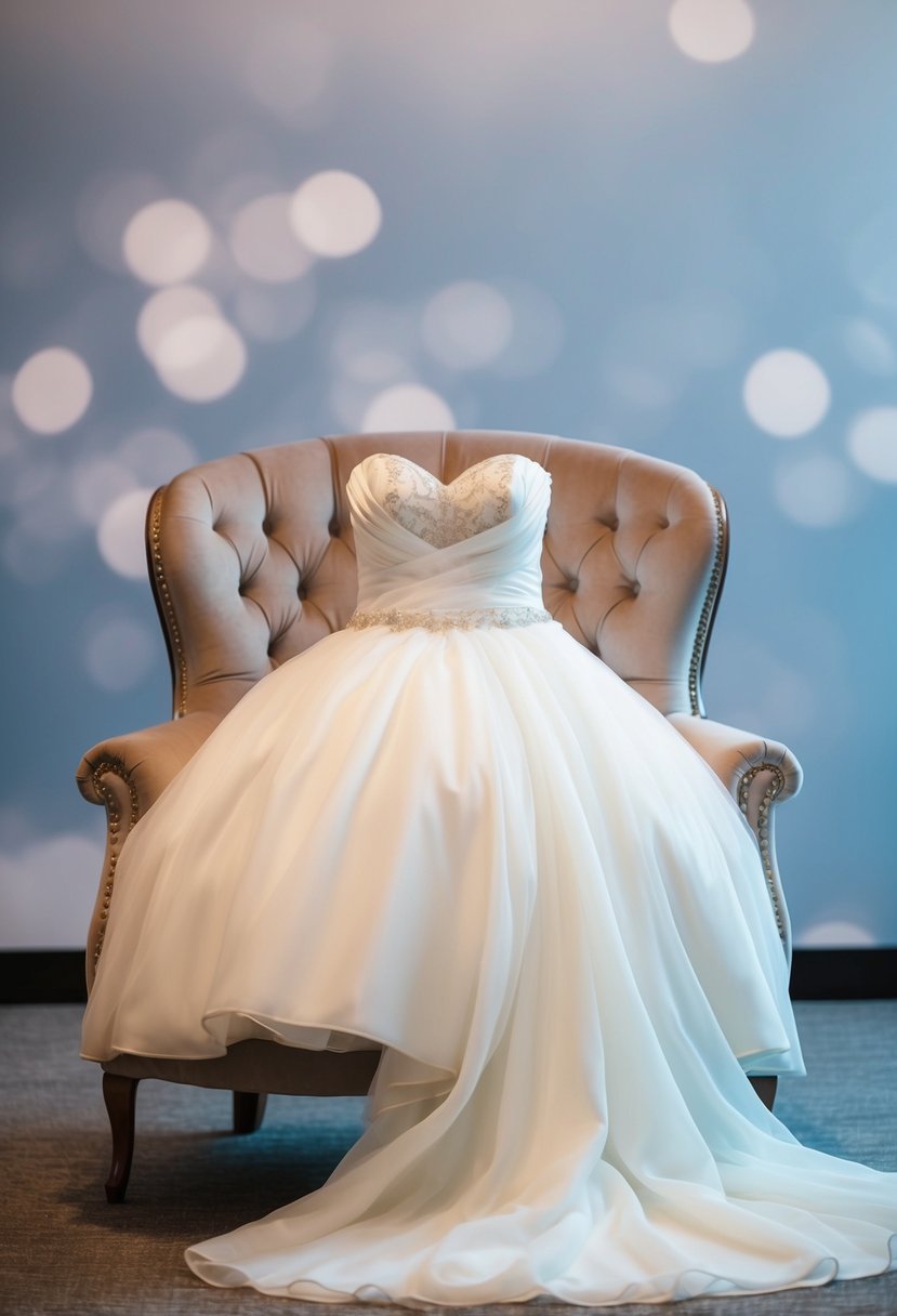 A flowing wedding gown draped over a plush, cushioned chair with soft lighting and a serene backdrop