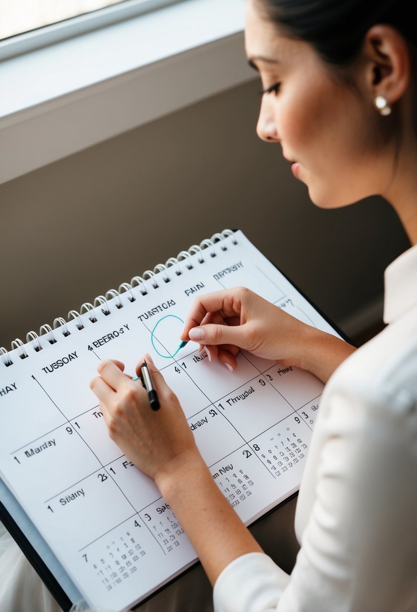 A bride browsing through a calendar, circling weekdays for wedding gown appointments