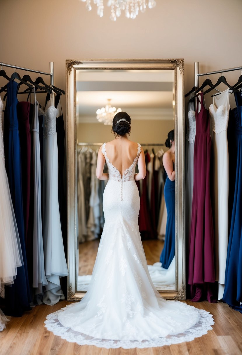 A bride stands in front of a full-length mirror, trying on various wedding gown silhouettes, surrounded by racks of dresses