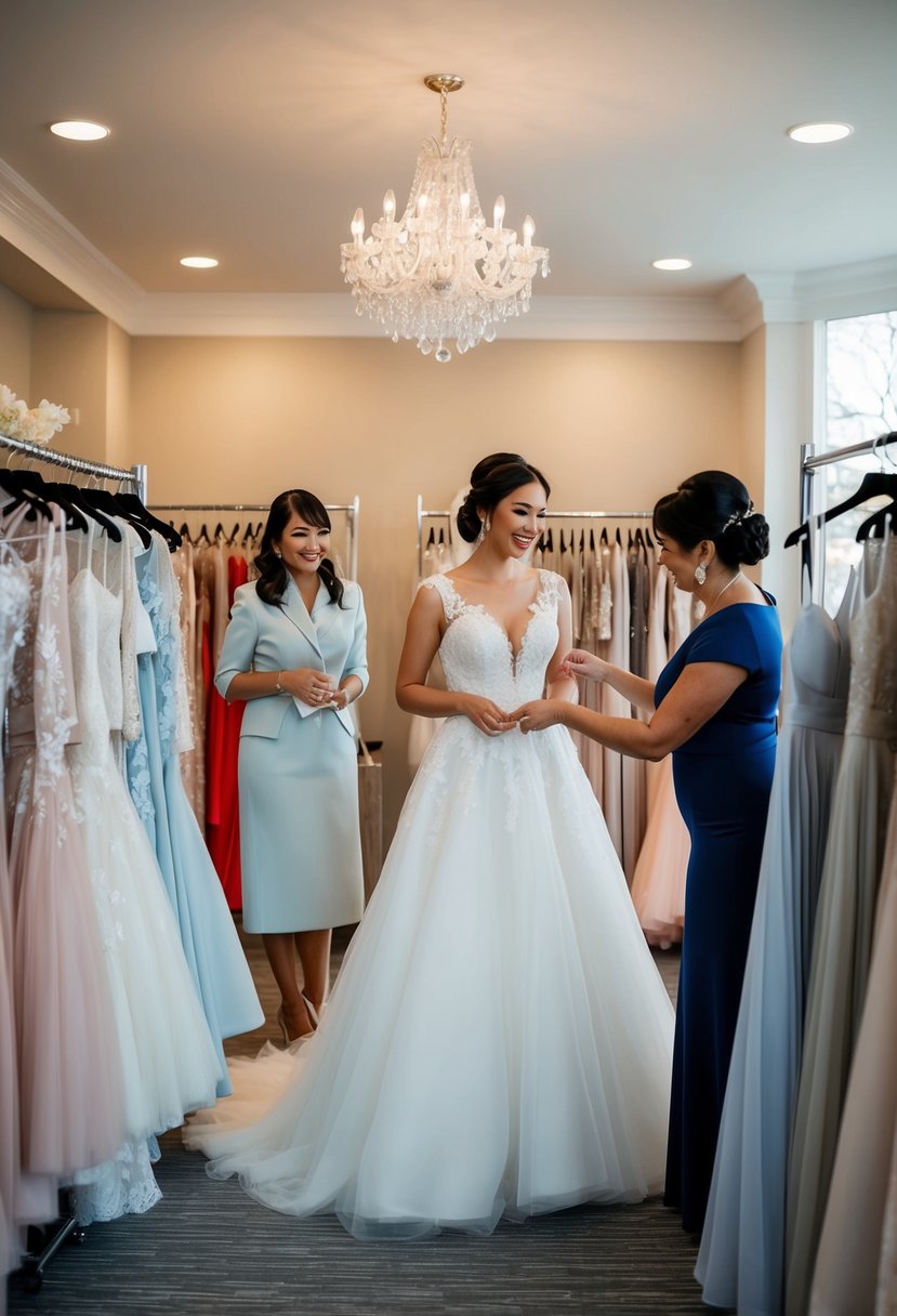 A bride-to-be trying on wedding gowns in a boutique, surrounded by racks of dresses and a helpful sales assistant