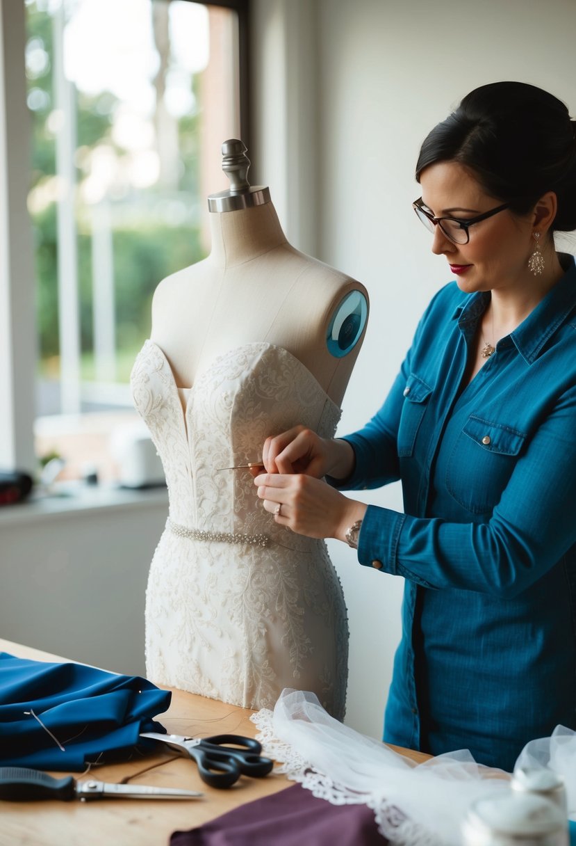 A seamstress pins a wedding dress on a mannequin, surrounded by fabric and sewing tools