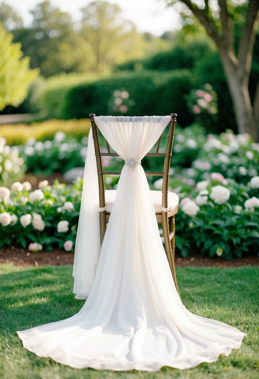 A beautiful outdoor wedding venue with a flowing gown draped over a chair, surrounded by lush greenery and blooming flowers