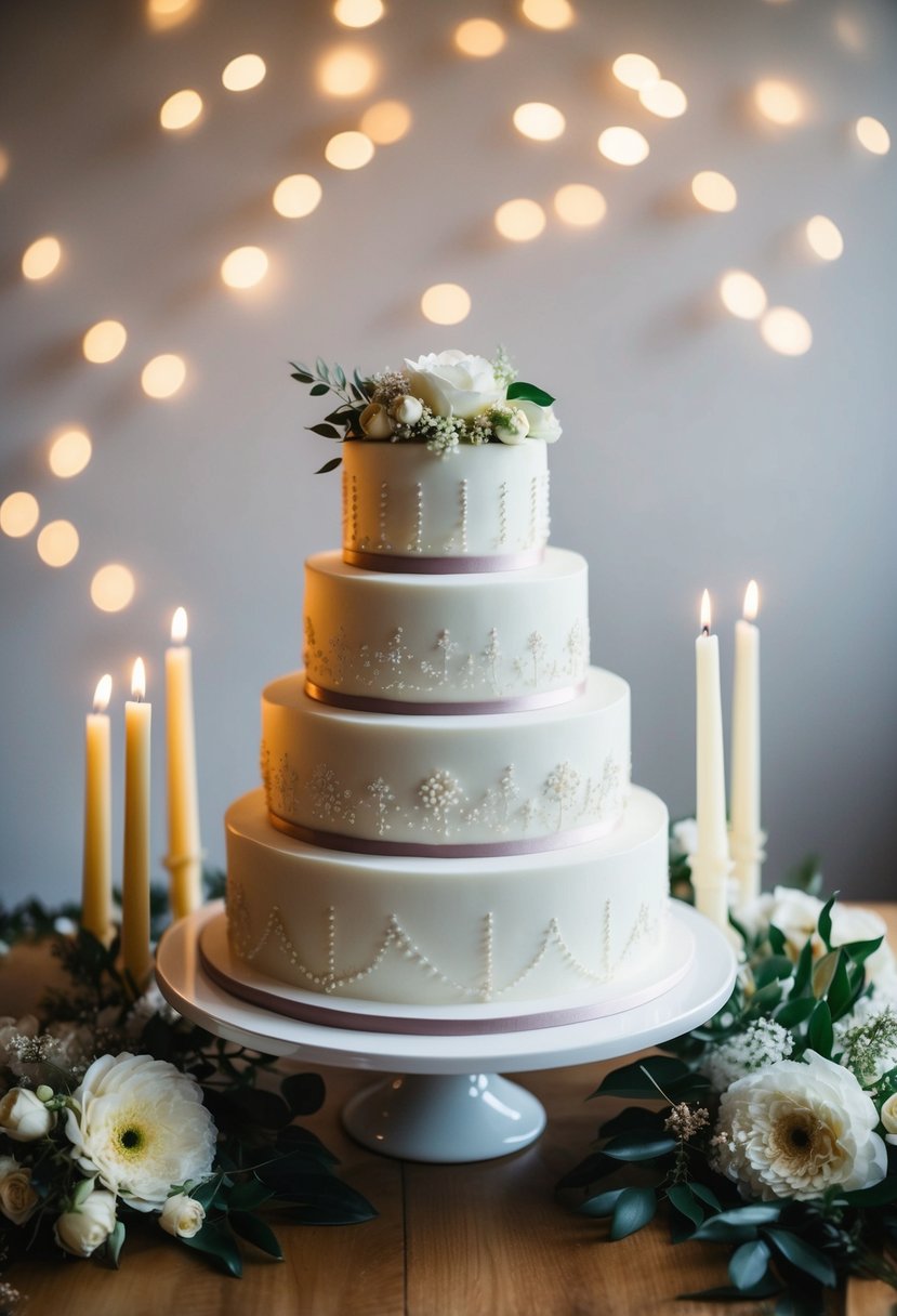 A decorated wedding cake surrounded by flowers and candles