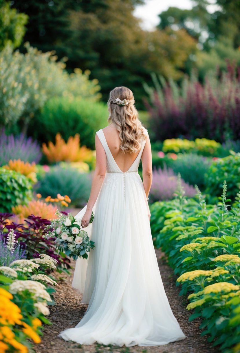 A bride in a flowing gown walks through a garden, surrounded by colorful flowers and leaves in various shades of green