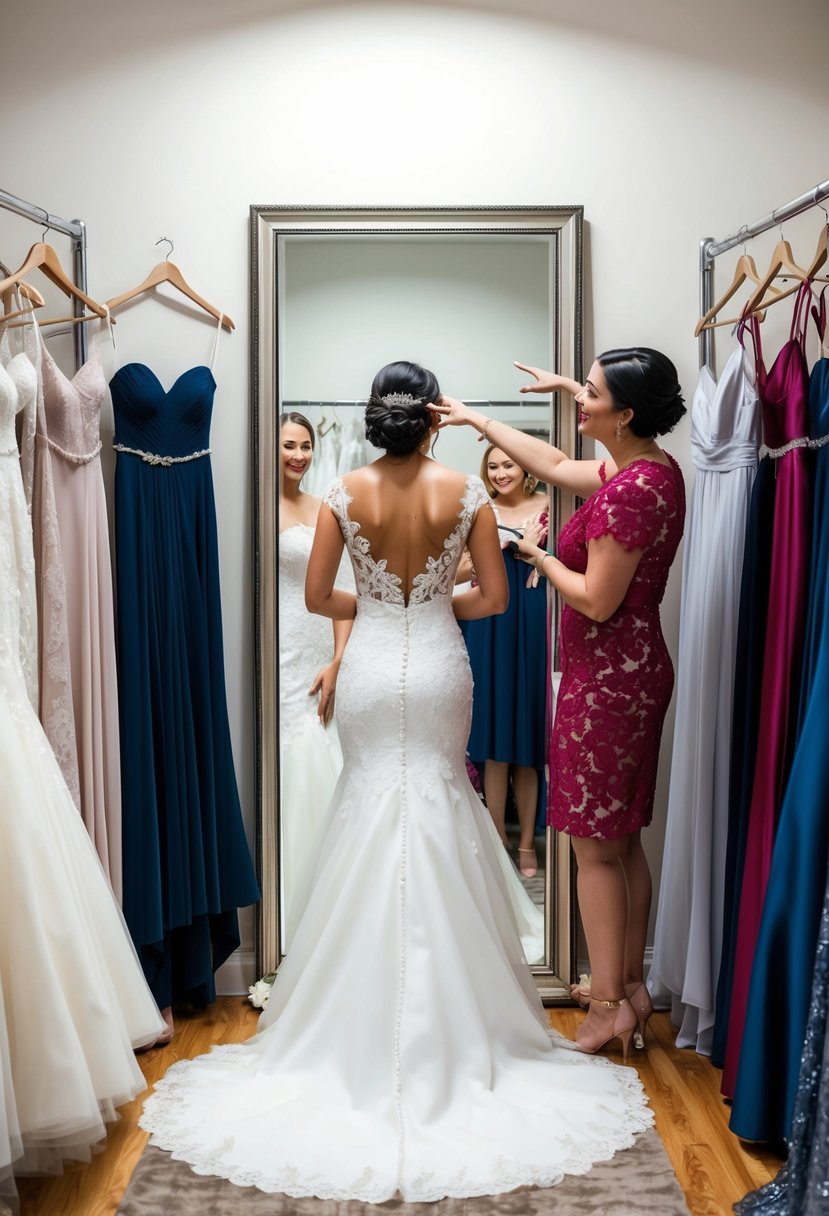 A bride standing in front of a full-length mirror, surrounded by various wedding gown options. Her stylist is pointing out different features and offering advice