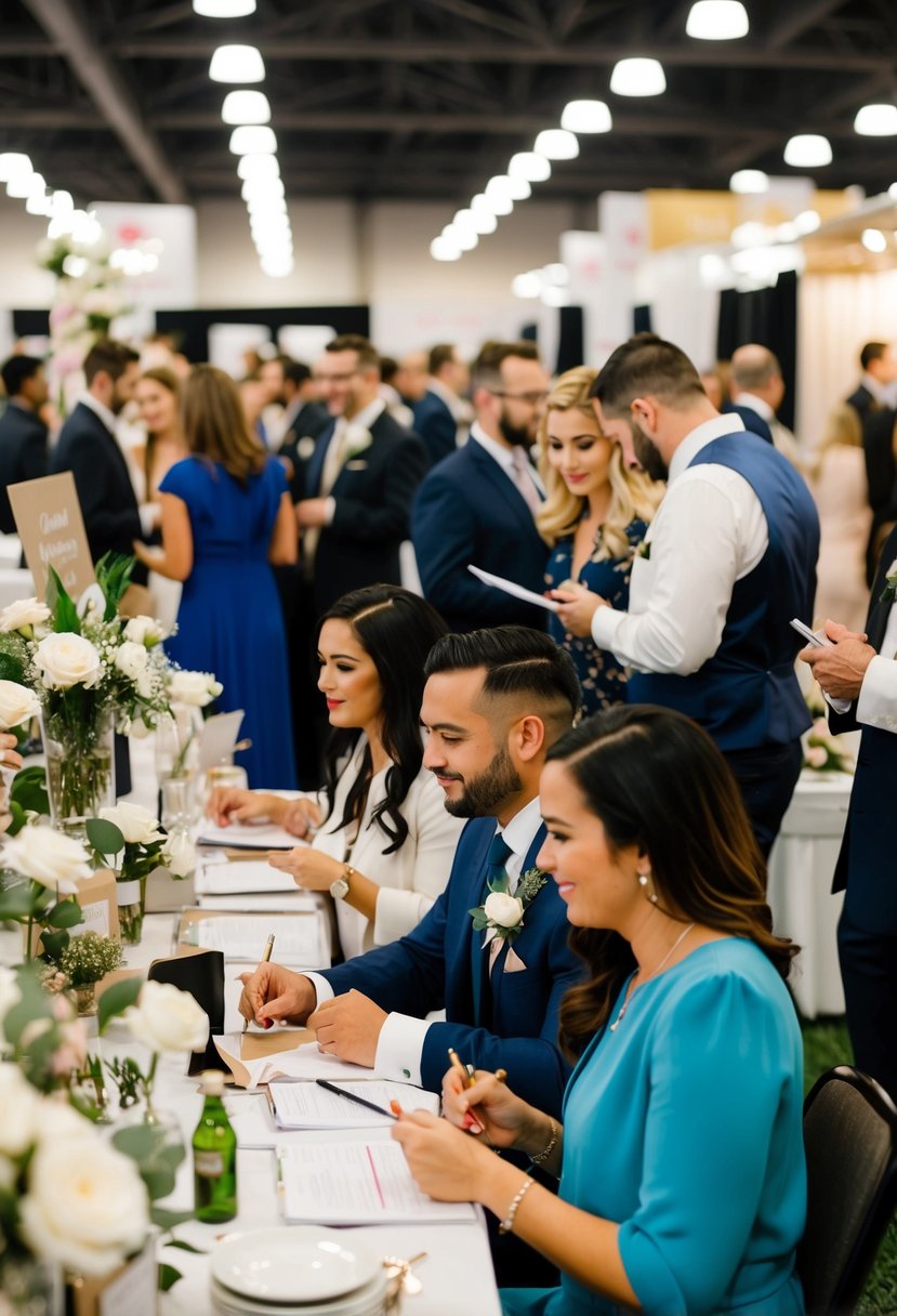 A bustling wedding expo with vendors showcasing their services and couples eagerly taking notes and asking questions