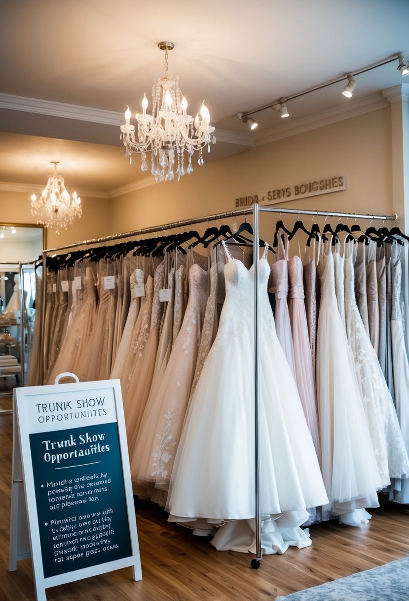 A bridal boutique with racks of wedding gowns, a sign advertising trunk show opportunities, and a display of helpful tips for choosing the perfect dress