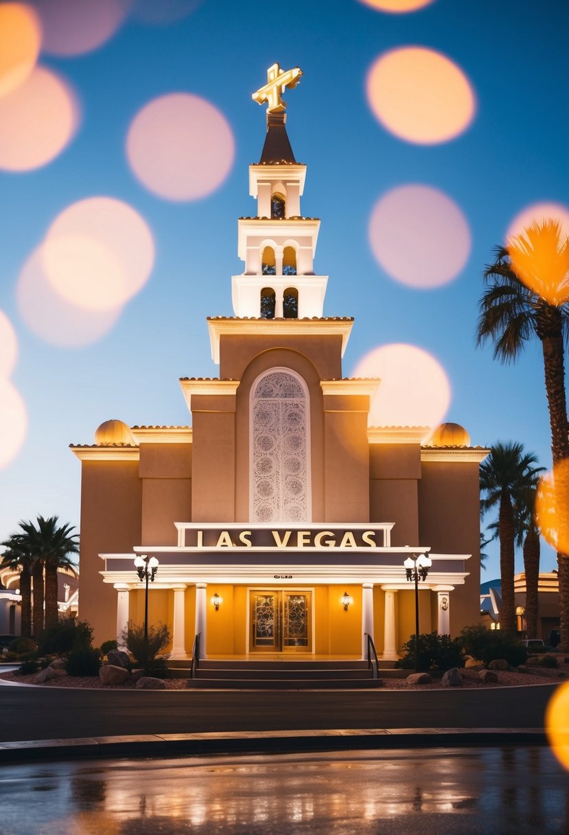 A scenic Las Vegas wedding chapel with bright lights and a romantic atmosphere