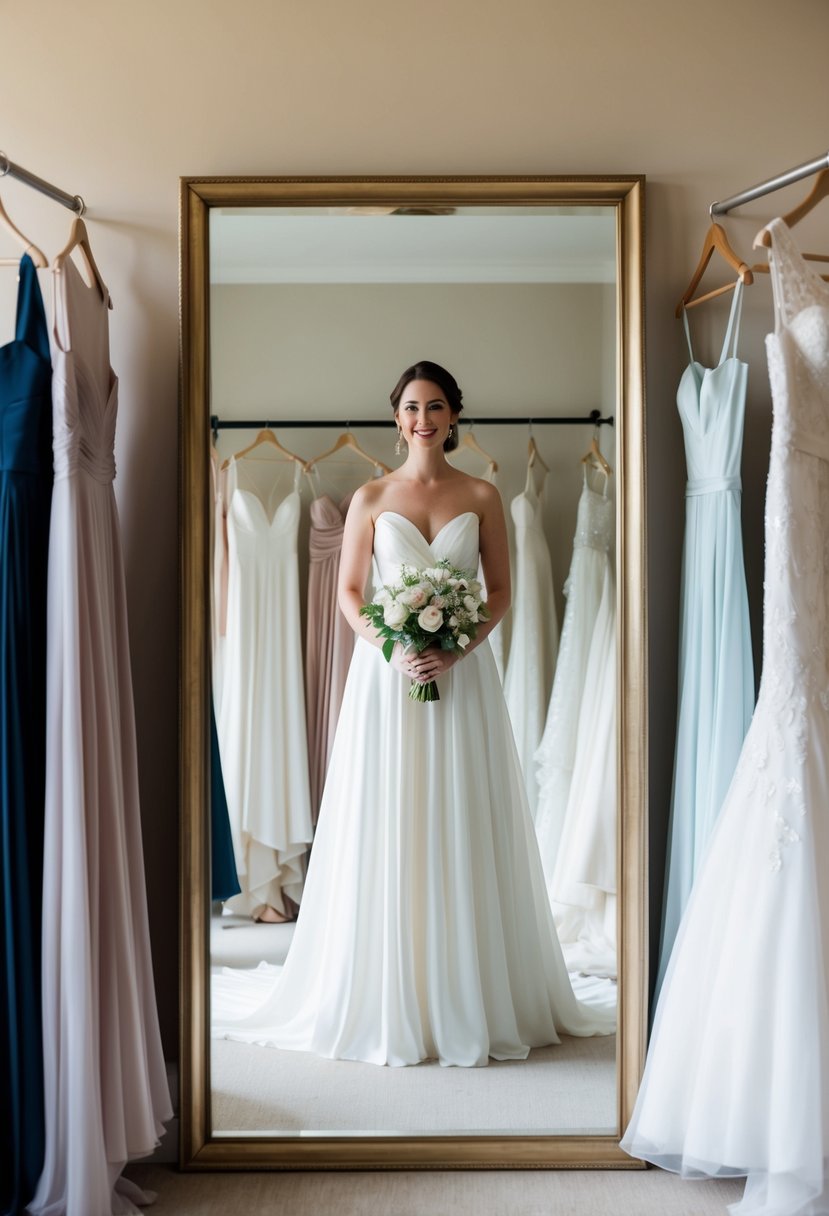 A serene bride stands in front of a full-length mirror, surrounded by a selection of wedding gowns. The soft lighting and tranquil atmosphere exude a sense of calmness and grace