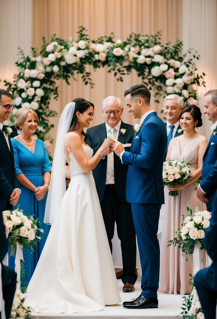 A bride and groom exchanging rings at the altar, surrounded by family and friends, with a beautiful floral backdrop and soft romantic lighting