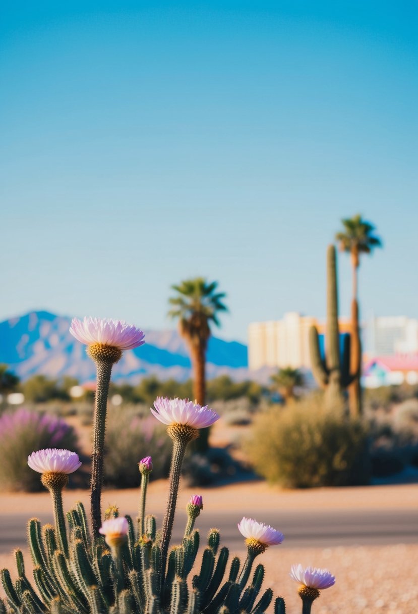 A warm, sunny day in Las Vegas with clear blue skies and blooming desert flowers