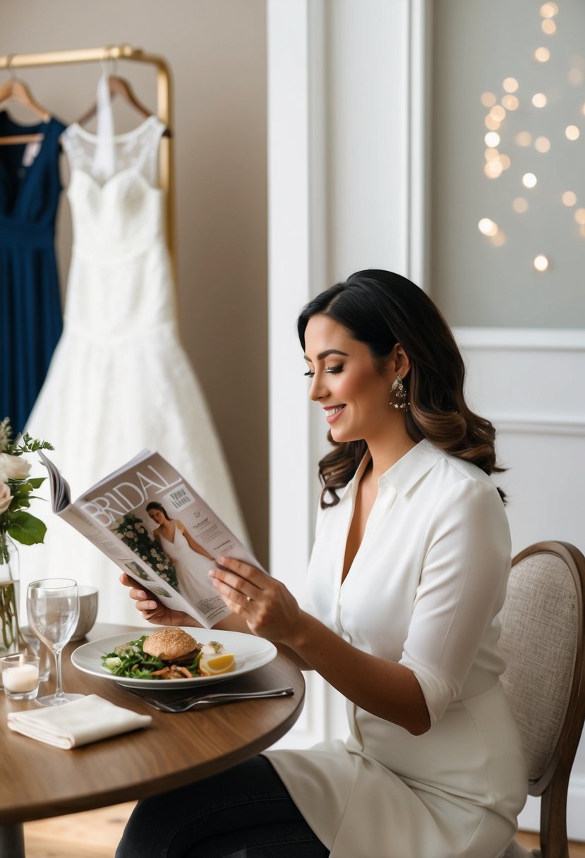 A woman sits at a table, enjoying a meal while browsing through a bridal magazine. A wedding gown and accessories are displayed nearby