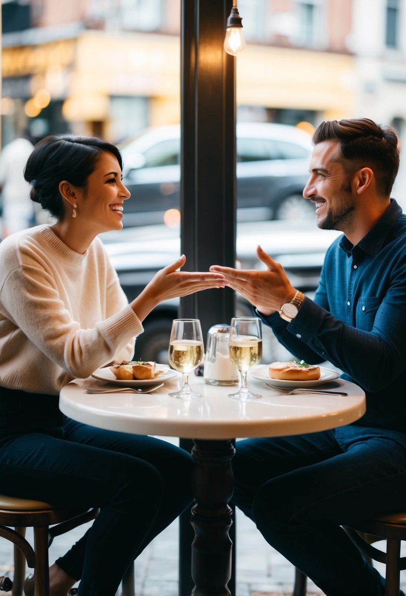 A couple sitting across from each other at a cozy cafe, engaged in an animated conversation, gesturing and smiling as they share wedding tips